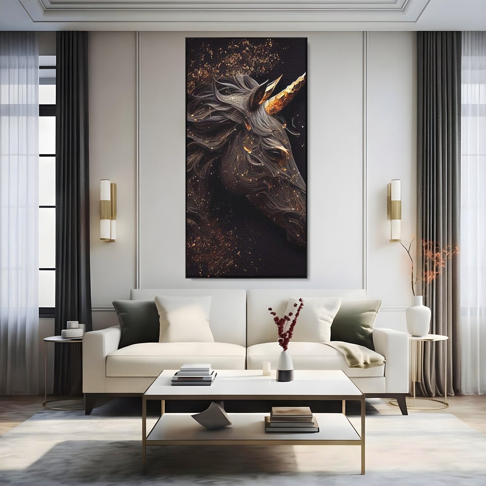 Tablou canvas cu portret de unicorn negru cu detalii aurii, in rama de aluminiu negru, pe perete intr-un living